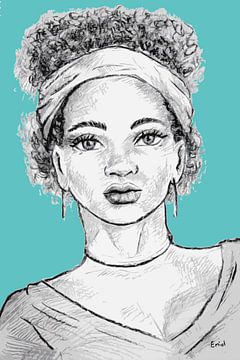 Portret jonge Afrikaanse vrouw in grijs tint met lichtblauwe achtergrond van Emiel de Lange