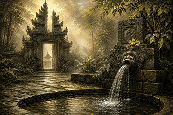 Fontaine sacrée balinaise pour le rituel du Melukat | Indonésie | Semi-abstrait