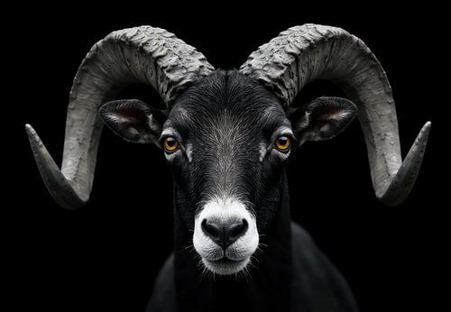 Rammenportret met gebogen hoorns op zwarte achtergrond