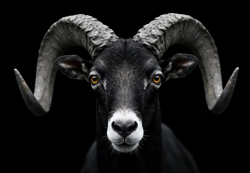 Widderportrait mit gebogenen Hörnern auf schwarzem Hintergrund von Markus Gann