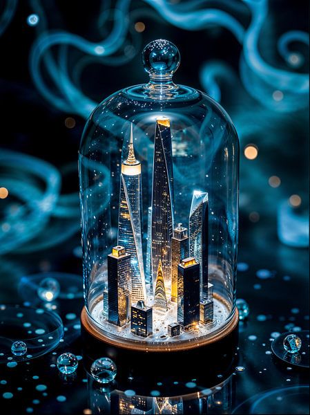 Ville miniature magique dans un dôme de verre par Retrotimes
