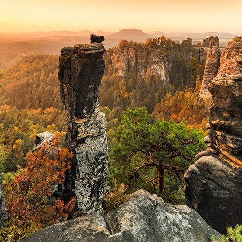 Wehlnadel at sunrise, Bastei, Elbsandsteingebirge, Saxony, Germany