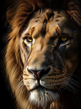 Majestätisches Löwenporträt mit intensivem Blick und goldener Mähne von Clay Artista