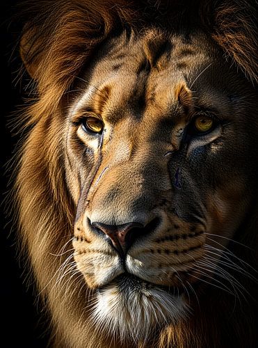 Majestueus leeuwenportret met intense blik en gouden manen
