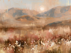 Berglandschaft mit Blumen und Sonnenaufgang