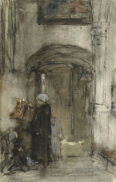 Vissersvrouw met haar dochtertje als 'bruidje' steekt een kerkkaars aan, Jacob Maris van Meesterlijcke Meesters