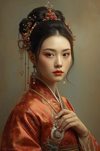 Originele Chinese vrouw in traditionele kleding en juwelen uit de 18de eeuw.