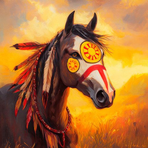 Paard met kleurrijke gezichtssieraden