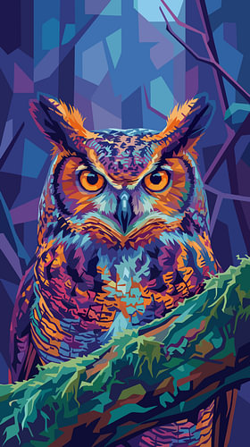 Affiche métallique : illustration pop art WPAP représentant un hibou dans la nature, en forêt