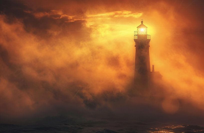 Vuurtoren in de mist van fernlichtsicht
