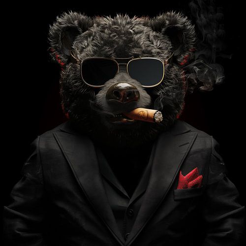 Zwarte knuffelbeer - teddybeer met sigaar en zonnebril