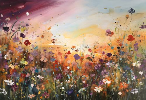 Bloemenveld in avondzon