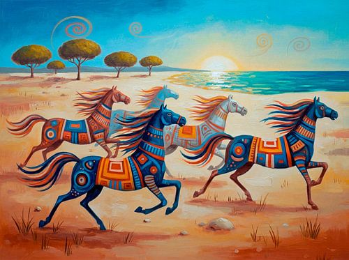 Traditional horses gallop along the beach