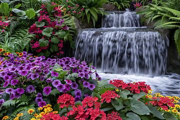Kleurrijke bloementuin met serene waterval van De Muurdecoratie