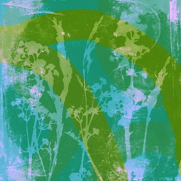 Abstrakte Retro-Botanik. Blumen, Pflanzen und Blätter in grün, rosa, gelb von Dina Dankers