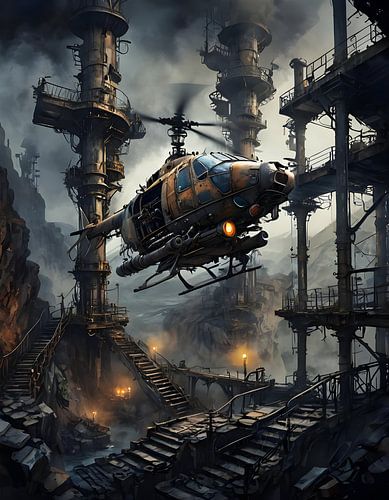 Helicopter between fantastic buildings, steampunk