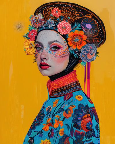 Colourful female portrait with flowers and patterns