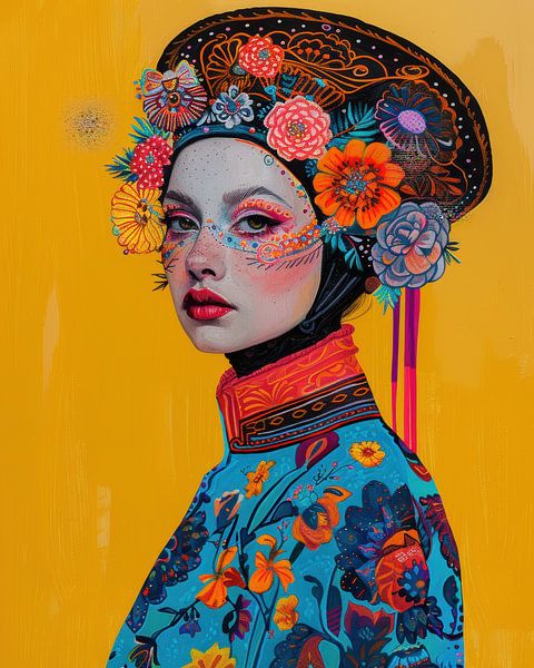 Kleurrijk vrouwenportret met bloemen en patronen van Digatelier