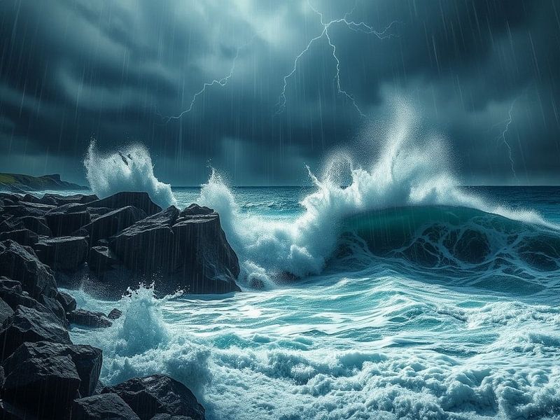 Tempête furieuse : Vagues dramatiques de l'océan s'écrasant contre le rivage rocheux sous un ciel orageux et rempli d'éclairs. par Artistic