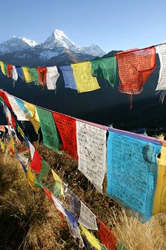 Drapeaux de prière dans les montagnes himalayennes sur Melissa Peltenburg