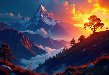 Sonnenuntergang über schneebedeckten Bergen und Hängen