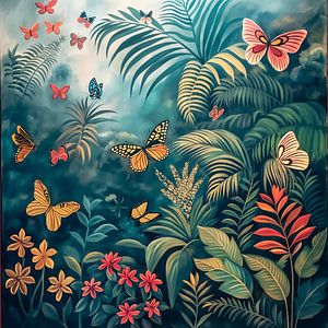 Papillons colorés dans la jungle - Peinture dans le style d'Henri Rousseau avec des couleurs sourdes