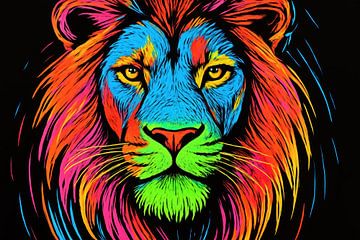 Brightly coloured lion in darkness by Imperial Art House