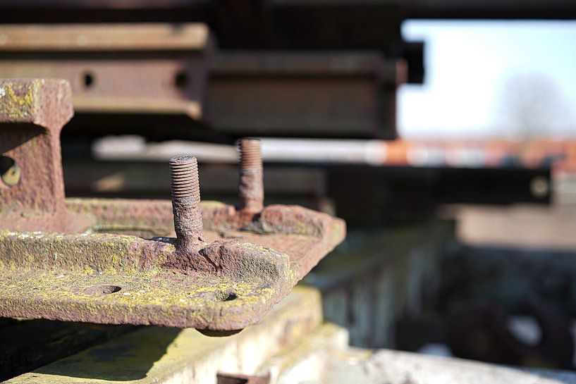 Screw with thread on a rusted component at a scrap yard by Heiko Kueverling