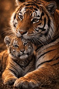 Mère tigre et son petit – une affiche artistique chaleureuse représentant la faune sauvage, pleine de force et de douceur