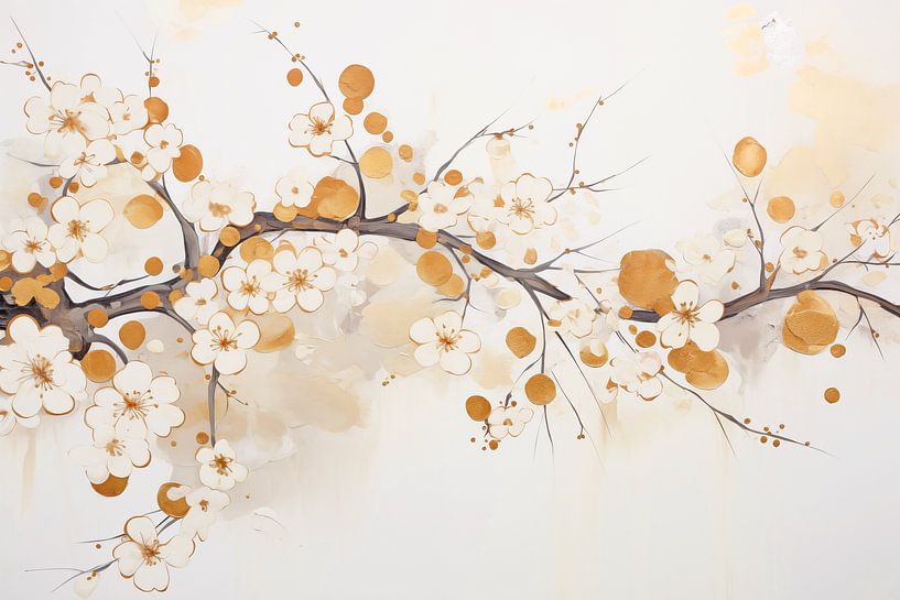 Moderne Abstraktion, Mandelblüte mit Blattgold von Caroline Guerain