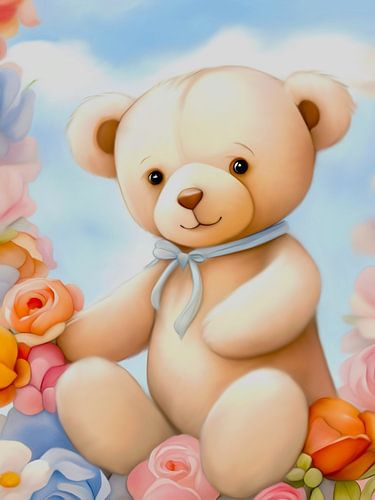 Knuffelbeertje tussen de bloemen