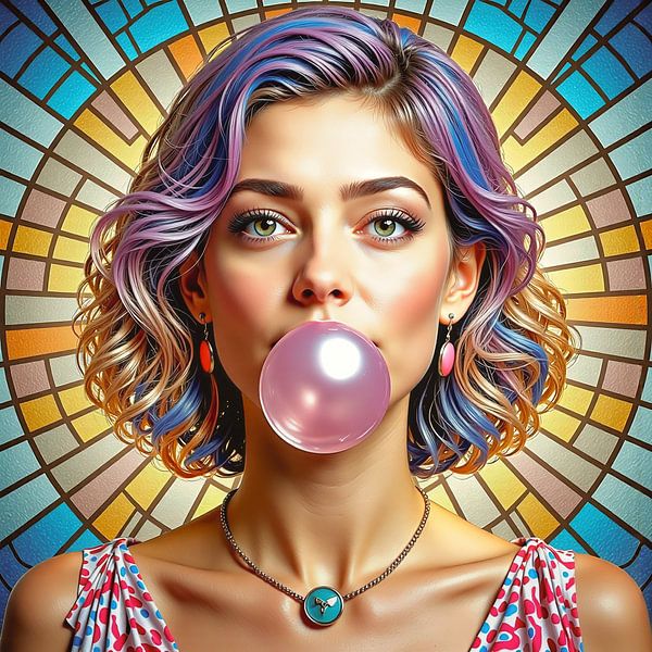 Frau mit rosa Kaugummiblase im Mund von Digital Art Nederland
