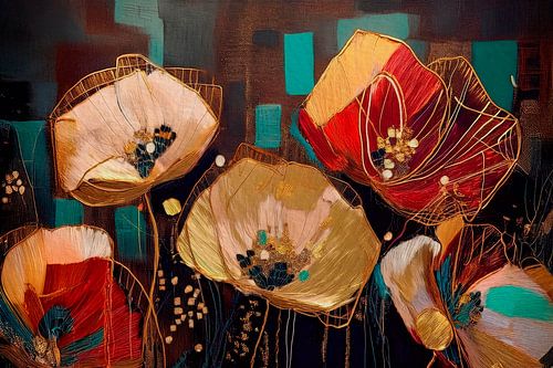 Abstract schilderij met Klaprozen en goud structuren