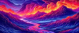 Abstrakt-surreale Wellenlandschaft unter glühenden Wolken von AidasignArt