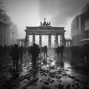 Silhouette of people in the city of Berlin with Brandenburg Gate black and white photography by Animaflora PicsStock
