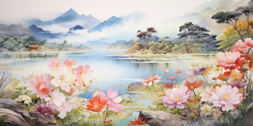 Heel mooi prachtig landschap met water en bergen van Art Bizarre