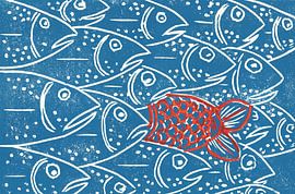 Gegen den Strom; Linolschnitt