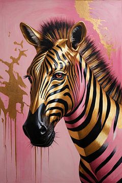 Gouden Zebra met Roze Achtergrond Kunstwerk van De Muurdecoratie