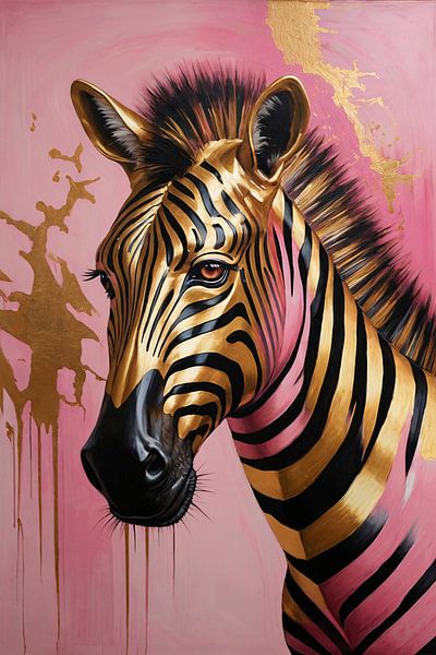 Gouden Zebra met Roze Achtergrond Kunstwerk van Art & Soul Creations