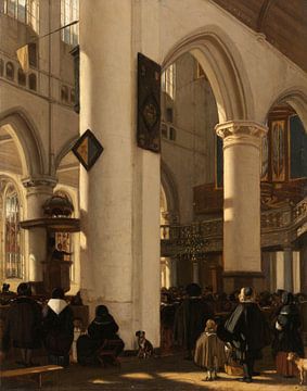 Interieur van een protestantse, gotische kerk tijdens een dienst, Emanuel de Witte