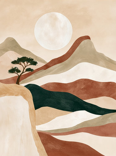 Berglandschaft mit großem Mond und einem einsamen Baum