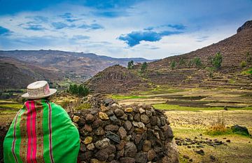 Peruaanse vrouw kijkt uit over het dal van Rietje Bulthuis