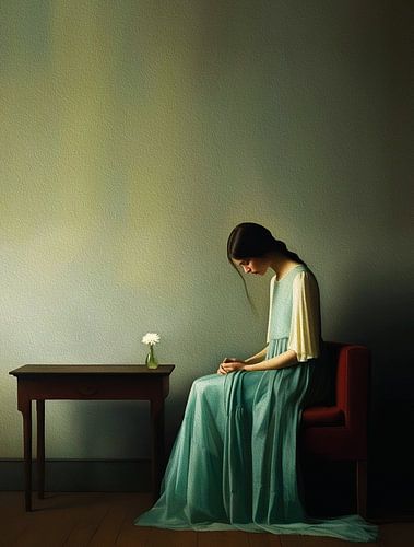 Minimalistisch Meisje met Bloem Muurkunst Emotioneel Fine Art Print Elegante Vintage Stijl Schilderij