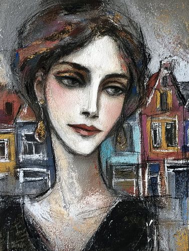 Mallorca Woman with Houses | Charming Woman in an Affluent Street by Abstract Painting