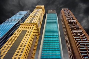 Close-up  van  diverse  naast elkaar staande wolkenkrabbers uit Dubai