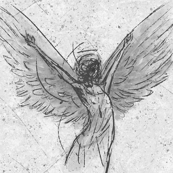 Abstract work protecting angel with spread wings in grey by Emiel de Lange