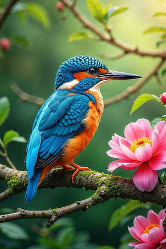 Fantasy Art Wandbild: AZURYN - Ein Eisvogel auf einem Zweig mit Blumen