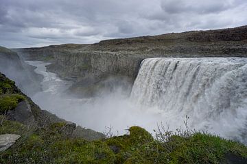 IJsland - Groen mos bij majestueuze detifoss waterval met kloof van adventure-photos