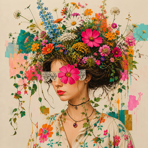 Full colour | Colourful botanical portrait of a woman by Mirjam Duizendstra