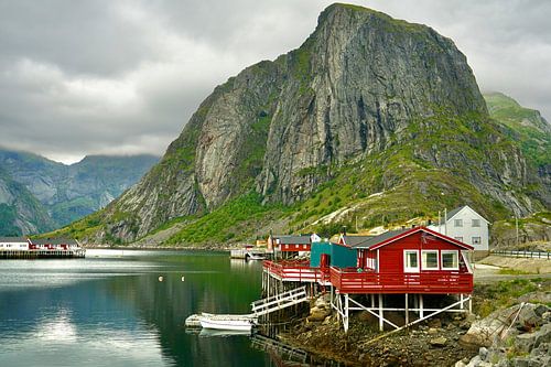 Red house on stilts on the Lofoten Islands.
